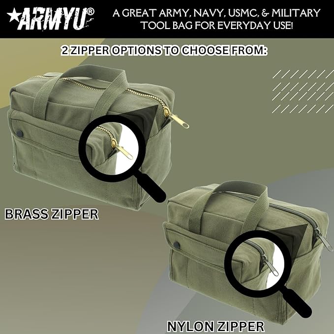 ARMYU Heavy Duty Small Tool Bag Tactical Cotton Canvas Mechanics Bag, 11" x 7" x 6", Olive - Brass Zipper
