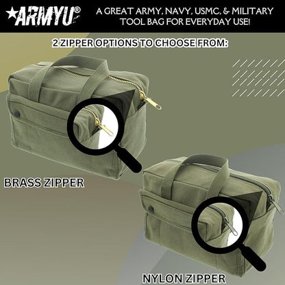 ARMYU Heavy Duty Small Tool Bag Tactical Cotton Canvas Mechanics Bag, 11" x 7" x 6", Olive - Brass Zipper