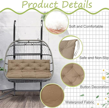 Replacement Cushion for Swings, Waterproof Porch Swing Cushion, 2-3 Seat Replacement Swing Seat Cushion with Backrest and Ties for Patio Backyard Porch Garden(Khaki 40 * 60 in)