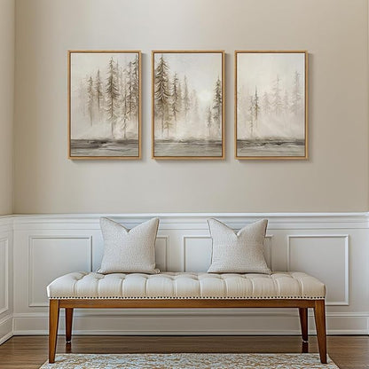 Framed Neutral Tree Set of 3 Wall Art Bedroom, Abstract Modern Rustic Landscape Beige Canvas Artwork for Walls, Nordic Misty Forest Farmhouse Wall Decor for Bedroom Hallway Office, 16x24 Inch