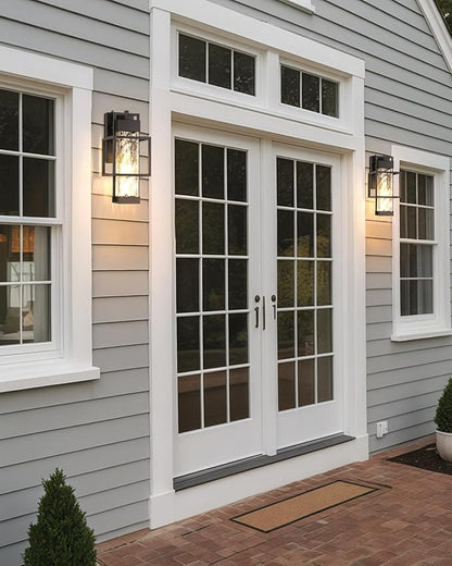 SHIMR Dusk to Dawn Outdoor Lighting 2 Pack, Outdoor Wall Sconce with Water Seeded Glass, Exterior Lighting Fixtures with E26 Base, Outdoor Lights for House Porch Garage Bulb Included