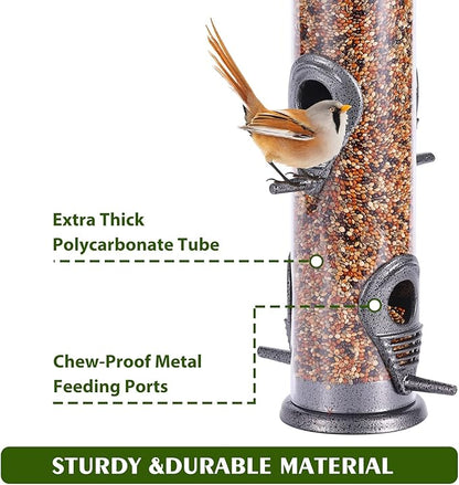 MIXXIDEA 1PK Metal Wild Bird Feeder,Squirrel Proof Bird Feeders for Outside,Hanging 6 Port Tube Bird Feeder Transparent Finch Bird Feeder for Attracting Birds in Your Lawn, Garden, Balcony-Gray