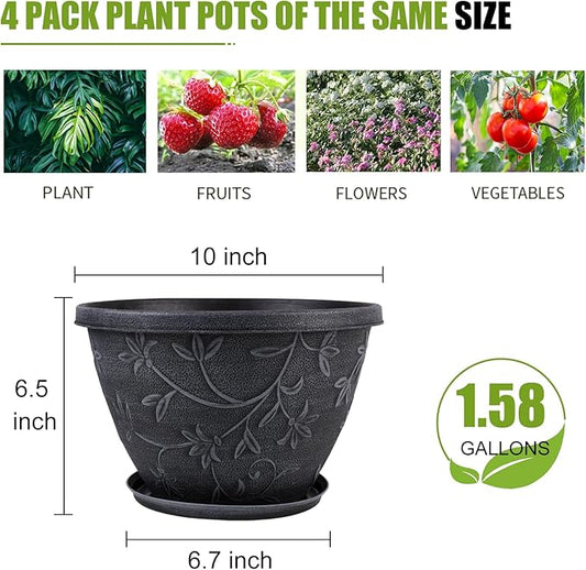 Nooulap 4 Pack 10 Inch Flower Pots for Outdoor Indoor, Plastic Plant Pots with Drainage Hole & Saucer, Lightweight Small Resin Flower Pot, Outdoor Planters Imitation Magnolia for Garden House（Gray）
