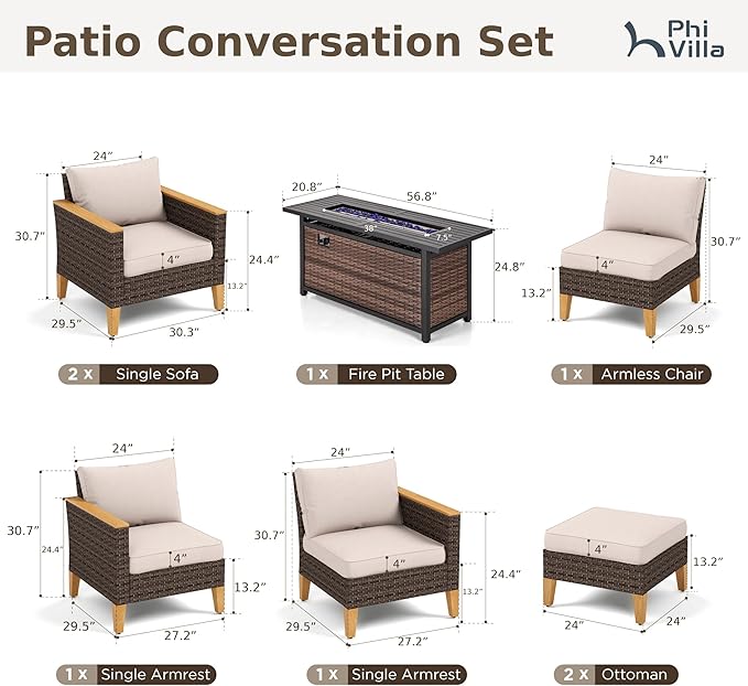PHI VILLA 8-Piece Outdoor Sectional Patio Conversation Set with 56" Gas Fire Pit Table Table, Outdoor Rattan Furniture Patio Set for 7 Seats with Cushions, Beige