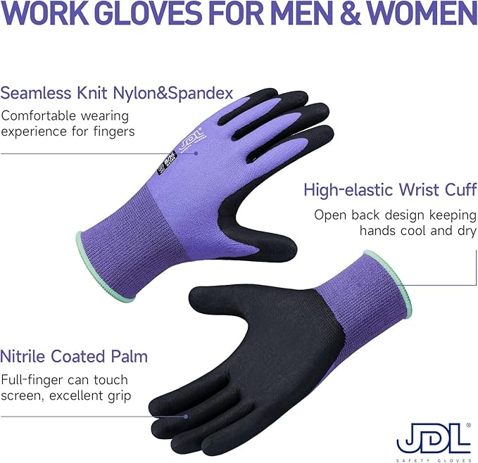 JDL Safety Work Gloves MicroFoam Nitrile Coated 3 Pairs, Seamless Knit Nylon Gloves with Touchscreen Finger, Non-slip Working Glove for Women Men, Ideal for Gardening, General Purpose, Purple, X-Large