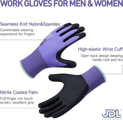 JDL Safety Work Gloves MicroFoam Nitrile Coated 3 Pairs, Seamless Knit Nylon Gloves with Touchscreen Finger, Non-slip Working Glove for Women Men, Ideal for Gardening, General Purpose, Purple, X-Large