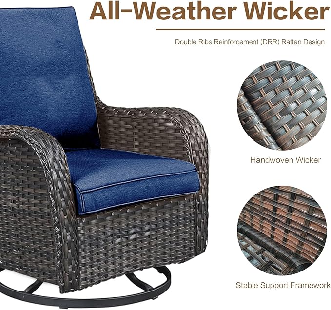 3 Pieces Patio Furniture Conversation Set PE Rattan Wicker Outdoor Swivel Glider Rocker Chairs of 2, Soft Thick Washable Cushion Side Coffee Table for Yard Backyard Poolside (Brown/Navy Blue)