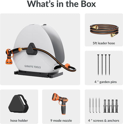 Giraffe Tools Retractable Hose Reel with 1/2 Inch x 100FT, Heavy Duty Ground Mount Garden Hose Reel, Automatic Rewind,with 9-Function Sprayer Nozzle & Flexible Swivel Base
