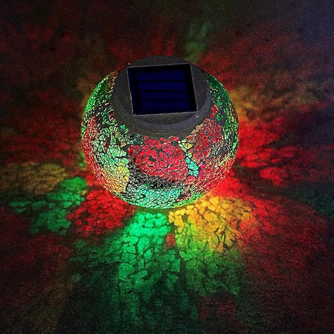 Waterproof Color Changing Table Lamp, Solar Powered Mosaic Glass Ball LED Garden Lawn Night Light Lamps, Party Lights for Home,Yard, Indoor,Outdoor Decoration Lights (Tricolor Plating)