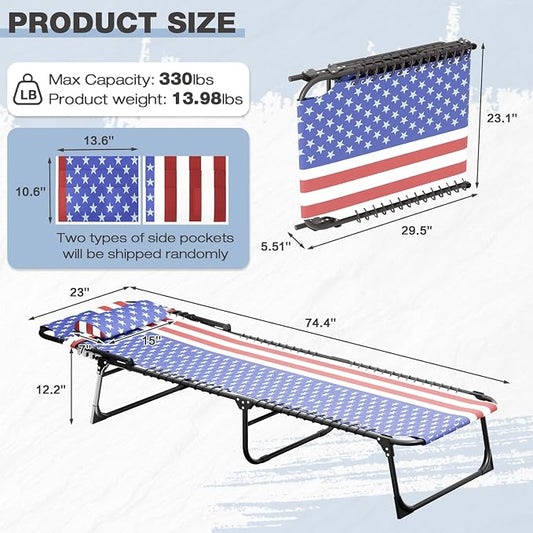 EBE Outdoor Lounge Chair, Portable Chaise Lounge Chair, Folding Sun Tanning Chairs with Detachable Pillow and Side Pocket, Reclining Chairs for Pool Beach Sunbathing, Tricolor Stripe
