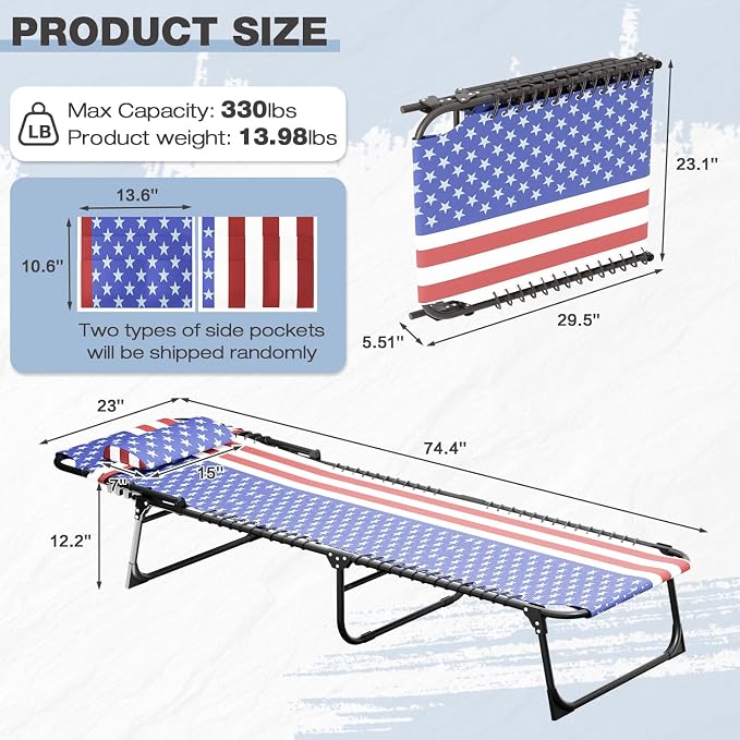 Outdoor Folding Lounge Chair, 4-Level Reclining Backrest Chaise Lounge, Removable Pillow & Side Pocket Design, Portable Tanning Chair for Poolside, Beach, Patio, Backyard, Tricolor Stripe