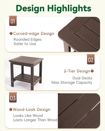 Kibaso-Adirondack Outdoor Side Table, 2-Tier HDPE Outdoor End Table, Weather Resistant Easy Maintenance, Small Patio Side Table for Patio, Pool, Porch, Garden, Lawn, and Living Room (2, Coffee Brown)