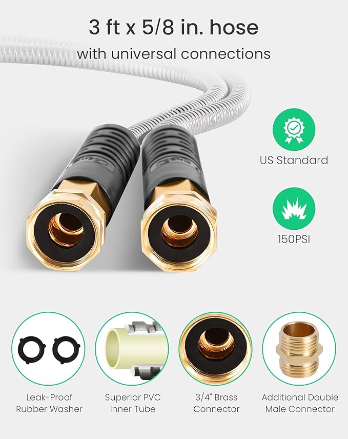 Cesun Short Garden Hose 3 ft with Female to Female Connector, Small Metal Leader Hose, Drinking Water Hose, Flexible, Lightweight Stainless Steel Water Pipe for RV, Outdoor, Yard, 3ft x 5/8"