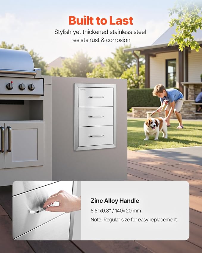 VEVOR Outdoor Kitchen Drawer Cabinets 16" W x 21.5" H x 18" D, BBQ Drawer Stainless Steel, Flush Mount Triple Access, with Handle, BBQ Island, Outdoor Grill Patio Grill Station