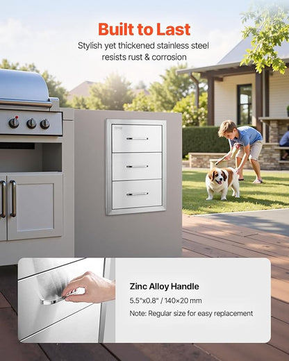 VEVOR Outdoor Kitchen Drawer Cabinets 16" W x 21.5" H x 18" D, BBQ Drawer Stainless Steel, Flush Mount Triple Access, with Handle, BBQ Island, Outdoor Grill Patio Grill Station