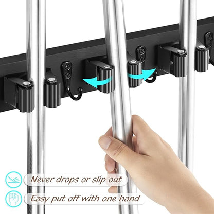 OUTNILI Mop and Broom Holder Wall Mount - Black Broom Mop Hanger - Wall Mounted Garden Tool Rack Organizer for Closet Garage Laundry Room Kitchen Decor With 5 Slots & 4 Hooks