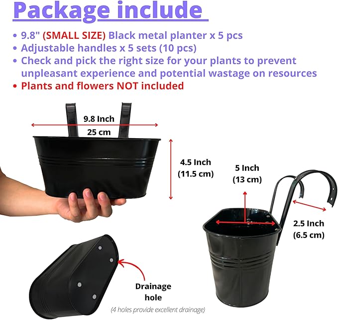 LaLaGreen Window Boxes Planters (5 Pack, 9.8 Inch) Small and Cute Black Metal Iron Hanging Flower Pots, Deck Railings Outdoor Fence Buckets Boho Style Wall Mount Plant Holder Hooks Porch Garden Decor