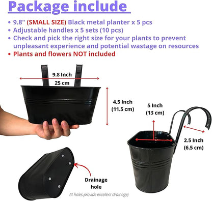LaLaGreen Window Boxes Planters (5 Pack, 9.8 Inch) Small and Cute Black Metal Iron Hanging Flower Pots, Deck Railings Outdoor Fence Buckets Boho Style Wall Mount Plant Holder Hooks Porch Garden Decor