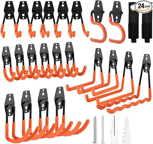 24 Pack Garage Hooks Steel Heavy Duty Garage Storage Hooks Utility Steel Wall Mount Garage Hanger&Organizer for Bikes,Garden Tools, Ladders, Bulk Items，Ropes and More Equipment