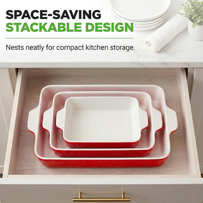 NutriChef 3-Piece Ceramic Casserole Dish for Oven - Premium Lasagna Baking Pans w/ Nonstick Coating & Built-In Handles - Dishwasher & Microwave Safe - 14" x 8", 10" x 6", 7" x 5" - Red
