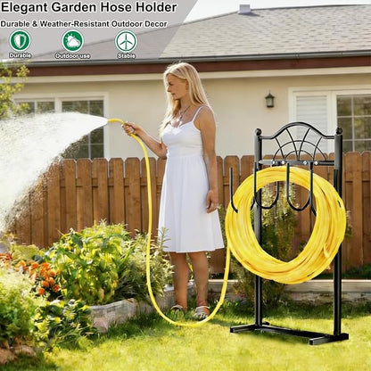 2 Pack Garden Hose Holder,Upgraded Freestanding Hose Holder with 4 Spikes, Heavy Duty Metal Hose Reel,Sturdy Hose Stand Holds up to 100ft Hose for Outside,Yard & Lawn Garden,Black