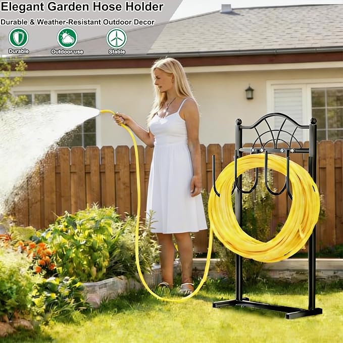 Garden Hose Holder,Upgraded Freestanding Hose Holder with 4 Spikes, Heavy Duty Metal Hose Reel,Sturdy Hose Stand Holds up to 100ft Hose for Outside,Yard & Lawn Garden,Black