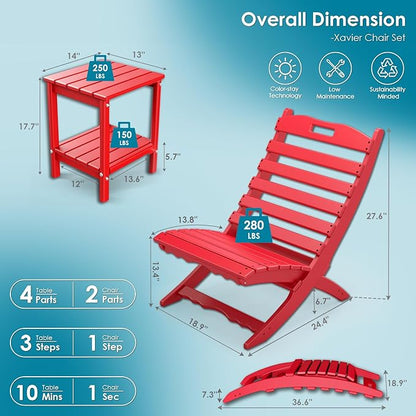 GREENVINES 3 Pieces Patio Furniture Set | Outdoor Bistro Sets for 2 | HDPE Plastic | Folding-Adirondack-Chairs-with-Side-Table | All Weather | Xavier Chair | for Porch Deck Poolside Backyard | Red