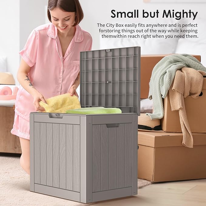30 Gallon Deck Box, Waterproof Resin Outdoor Storage Box Lockable for Patio Furniture, Fade Resistant Patio Side Table & Organizer for Garden Tools, Pool Floats, Outdoor Cushions, Light Coffee