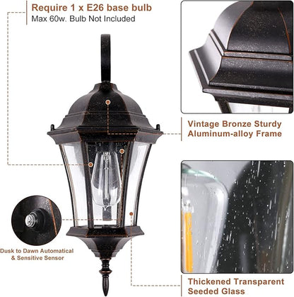 Dusk to Dawn Wall Light Outdoor 18” High, Antique Bronze Exterior Wall Lantern for with Clear Seeded Glass 2 Pack Porch Light Fixture for Garden and Yard, LMMS3601-DNS-2P
