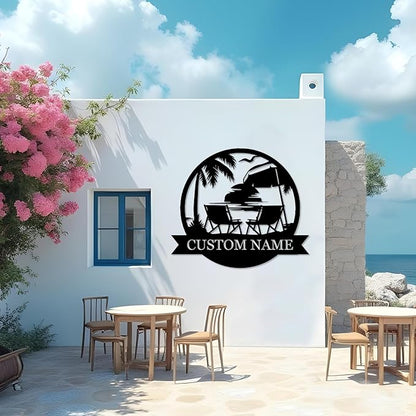 Personalized Metal Beach Signs | Backyard Oasis Sign | Porch Signs Outdoor | Coastal Beach Scene Custom Last Name Sign | Nautical Outdoor Wall Decor | Wall Art for House Warming Gifts