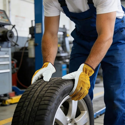 OZERO Leather Work Gloves for Men & Women, 3 Pairs Genuine Cowhide Garden Gloves, Lab Tested EN388 2143X, Flexible Grip, Breathable Unlined Comfort, Elastic Wrist (Gold/Light Cyan, Large)