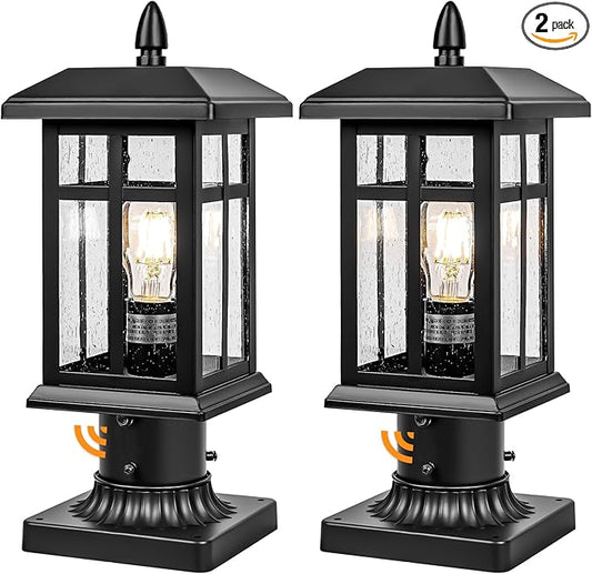 Outdoor Post Light 2 Packs Dusk to Dawn, Post Lights Outdoor Electric with Pier Mount, Pole Lanterns Outdoor for Yard, Driveway, Path, Black