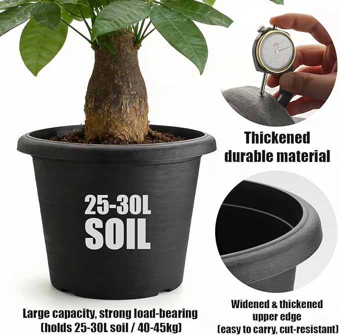 4 Pack 16 Inch Large Planters, Plastic Heavy-Duty Plant Pots with Drainage Holes - Flower Pots for Indoor & Outdoor Plants - 30L Capacity, 16" Dia & 12" Tall, Cement Textured Patio Garden Containers