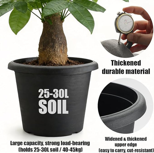 4 Pack 16 Inch Large Planters, Plastic Heavy-Duty Plant Pots with Drainage Holes - Flower Pots for Indoor & Outdoor Plants - 30L Capacity, 16" Dia & 12" Tall, Cement Textured Patio Garden Containers