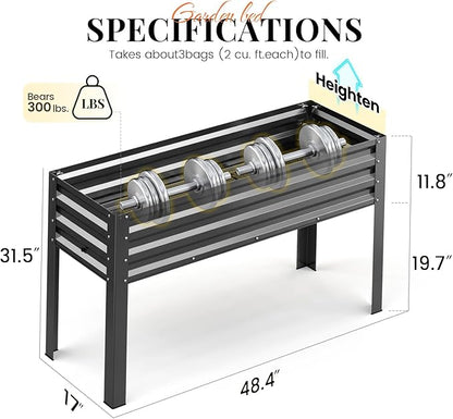 KING BIRD Raised Garden Bed with Legs & Water Storage Tank Galvanized Elevated Planter Box 48×17×31.5 in for Backyard, Patio, Balcony, 300lb Capacity, Dark Grey