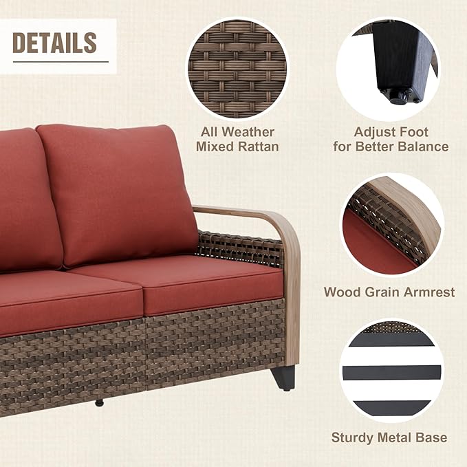 Modern Wicker Patio Furniture Set, Rattan Outdoor Conversation Set with Comfortable Cushions, 2 Swivel Rocking Chairs, 2 Seat Loveseat and 2 Ottomans, 5 Pieces, Brown/Red