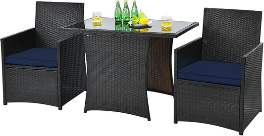 HAPPYGRILL 3 Pieces Outdoor Wicker Bistro Set PE Rattan Dining Table Set with Cushioned Chairs, Patio Conversation Set for Backyard Porch Garden and Poolside