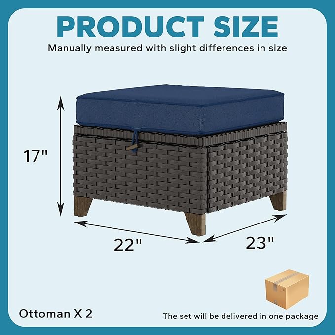 2 Pieces Patio Outdoor Ottomans with Removable and Washable Covers，PE Rattan Wicker Footstools for Porch, Garden, Sunroom (Navy Blue)