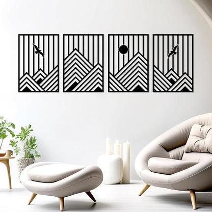 ESTART 4 Pcs Metal Mountain Wall Art, Minimalist Decor Single Line Art Wall Decor, Nature Abstract Line Minimalist Wall Art for Living Room Bedroom Bathroom Study Room (Black)
