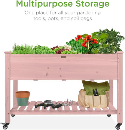 Best Choice Products Raised Garden Bed 48x24x32-inch Mobile Elevated Wood Planter w/Lockable Wheels, Storage Shelf, Protective Liner - Pink