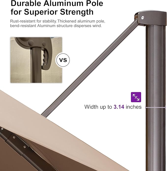 PURPLE LEAF 10' X 13' Patio Cantilever Umbrella Rectangle Umbrella Outdoor with Aluminum Offset Hanging and 360° Rotation for Pool Garden Deck Patio, Beige