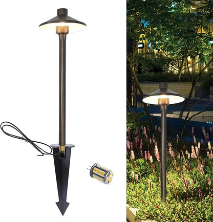 Low Voltage Landscape Path Lights Brass, Outdoor Pathway Lighting 12V 24V, Free 3W Warm White G4 LED Bulb and ABS Ground Stake with Brass Thread, 1-Pack