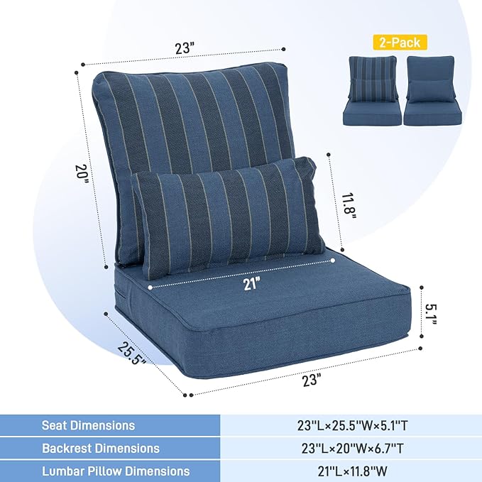 Aoodor Outdoor Chair Cushion, 23 x 26 Inch Water-Resistant, Fade-Resistant Olefin Fabric Patio Seat Cushions with Removable Cover and Adjustable Straps for Outdoor Furniture, Set of 2, Blue Stripes