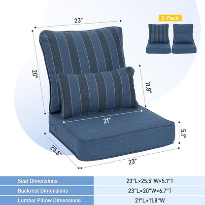 Aoodor Outdoor Chair Cushion, 23 x 26 Inch Water-Resistant, Fade-Resistant Olefin Fabric Patio Seat Cushions with Removable Cover and Adjustable Straps for Outdoor Furniture, Set of 2, Blue Stripes
