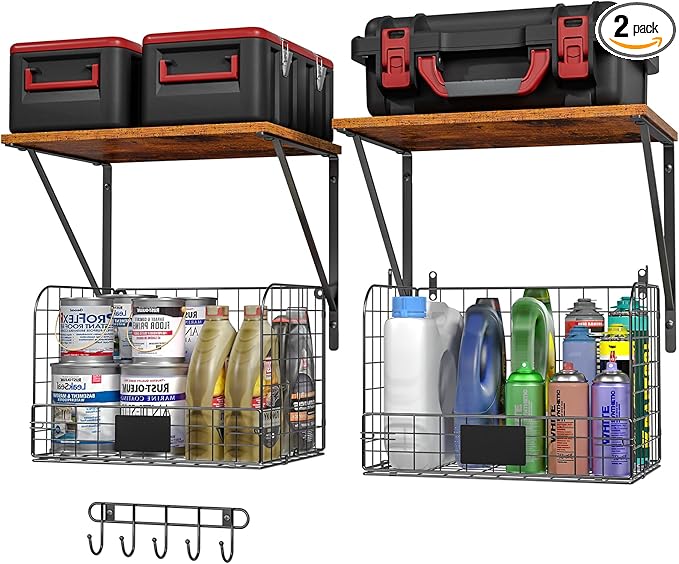 ThreeHio 2 Pack Garage Shelves Wall Mounted with Wire Storage baskets, Heavy Duty Garage Wall Shelving with Hooks, Wooden floating shelves Tool Organizer for Home Garden Garage Organizers and Storage