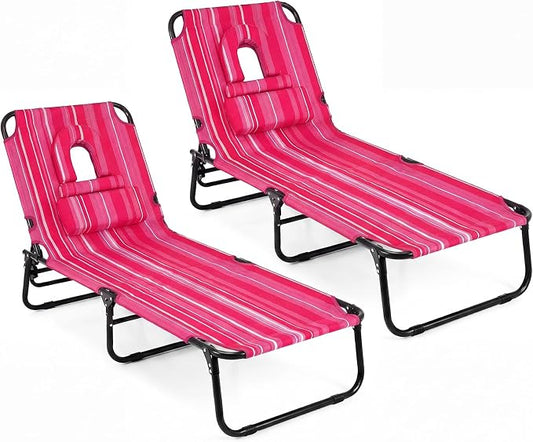 GYMAX Tanning Chair, Folding Lounge Chairs with Face Hole & Cover, Removable Pillow Carry Handle, Portable Compact Outdoor Layout Recliner for Beach, Poolside, Lawn, Patio, Camping (Pink Stripe,2)