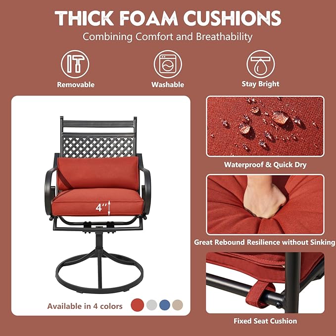 MELLCOM Patio Swivel Chair Set of 4, Heavy Duty Outdoor Dining Chairs with Cushions and Lumbar Pillows, Metal Patio Chairs Gentle Rocker for Outside, Garden Lawn & Porch, Backyard, Red