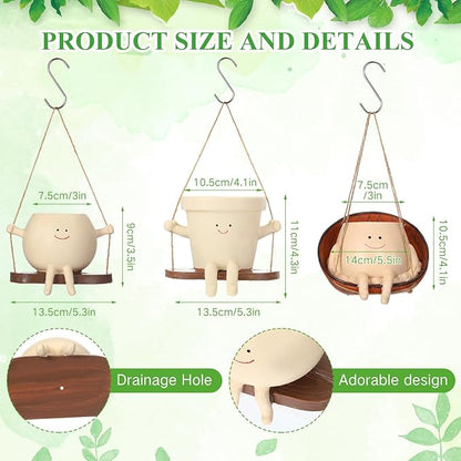 Nuogo 3 Pack Hanging Swing Chair Planter Pots Cute Wall Hanging Planter Pot Swing Face Pot with Drainage Holes Head Pots for Indoor Outdoor Plant Home Decor(Fashiom)