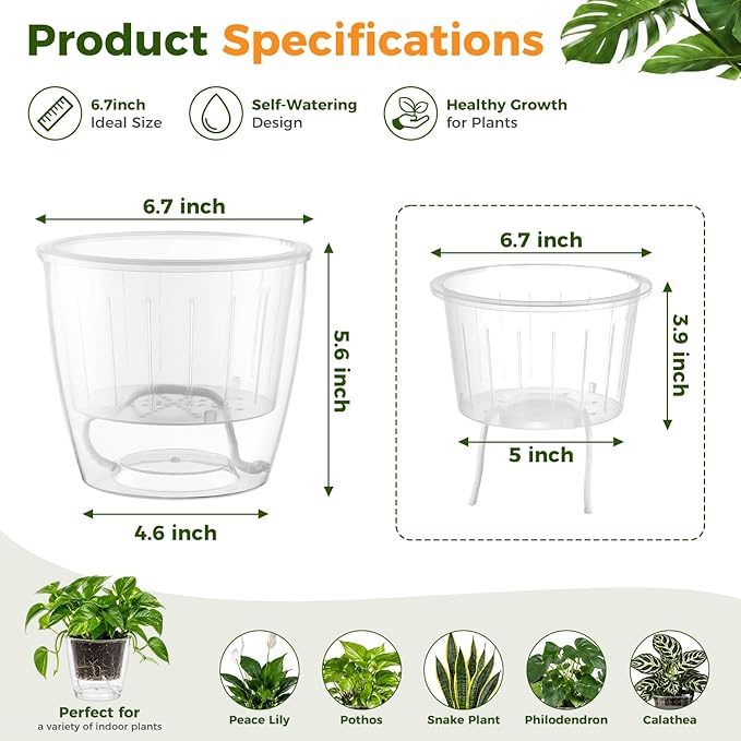 Clear Self Watering Pots for Indoor Plants, 6-Pack 6.7'' Clear Plant Pots with Drainage, Self Watering Planter, African Violet Pot, Semi Hydroponic Pot for Orchids, Flowers, Herbs