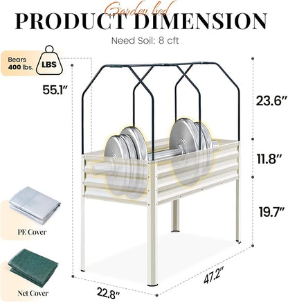 KING BIRD Raised Garden Bed with Cover & Netting Galvanized Elevated Large Planter Box with Legs for Backyard, Patio, Balcony, 400lb Capacity, Beige, 48×24×56 in